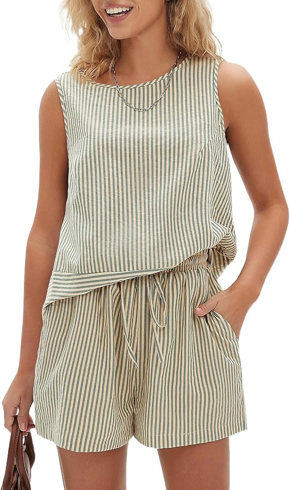EXLURA Women's Summer 2 Piece Outfits Sleeveless Tank Top Matching Shorts Sets Cotton Striped Swe... | Amazon (US)