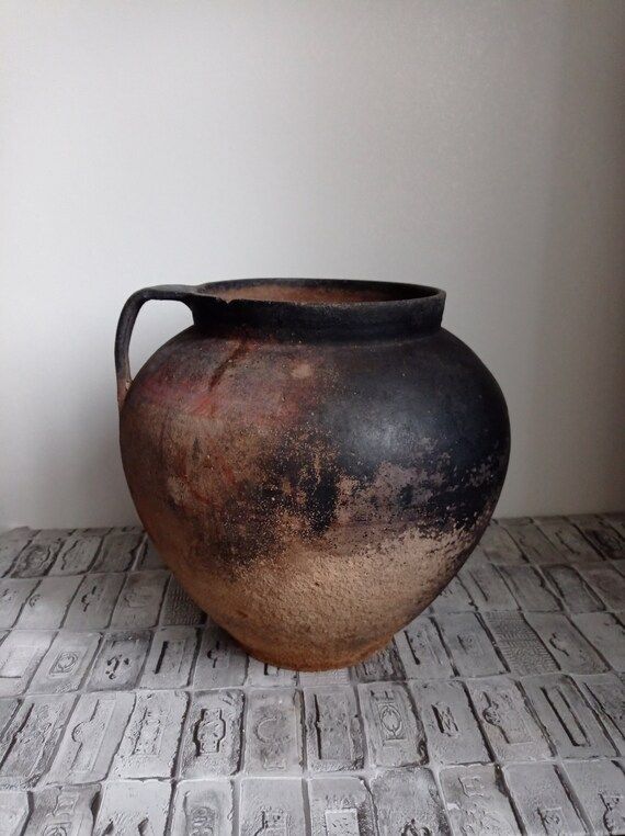 Vintage black clay pot, Large primitive red pot, Old clay pot, Wabi Sabi pottery, Rustic decor, O... | Etsy (US)