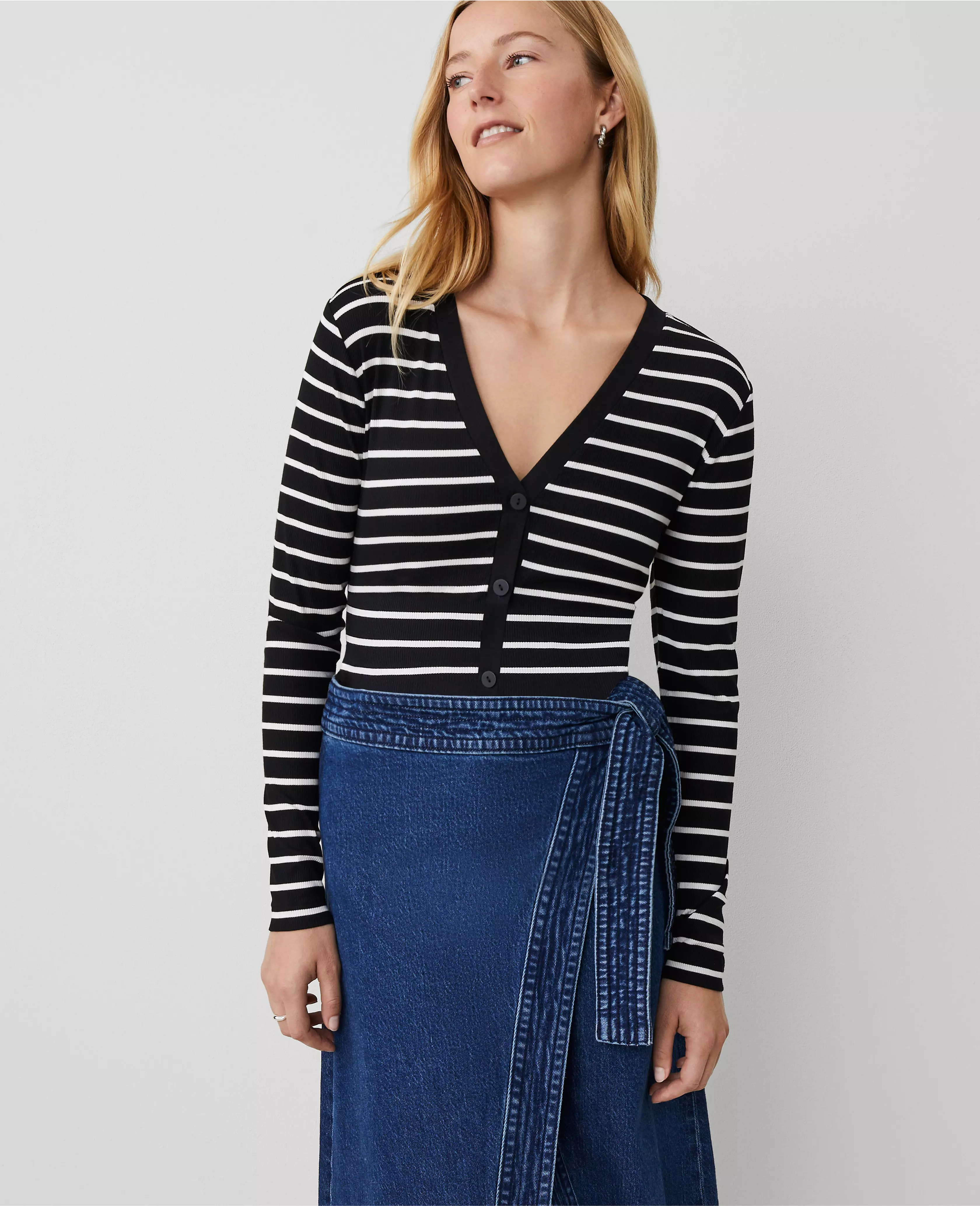 Weekend Collection Striped V-Neck Cardigan | Ann Taylor