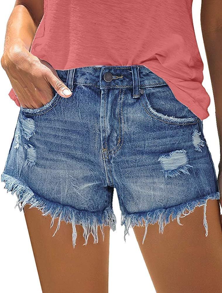 onlypuff Denim Hot Shorts for Women Casual Summer Mid Waisted Short Pants with Pockets | Amazon (US)