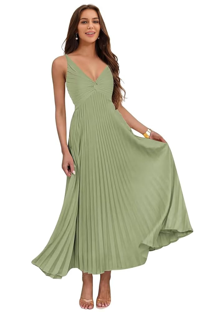 Miao Duo Women's Silk Satin Pleated Wedding Guest Dresses Elegant V Neck Maxi Formal Dresses YZTS... | Amazon (US)
