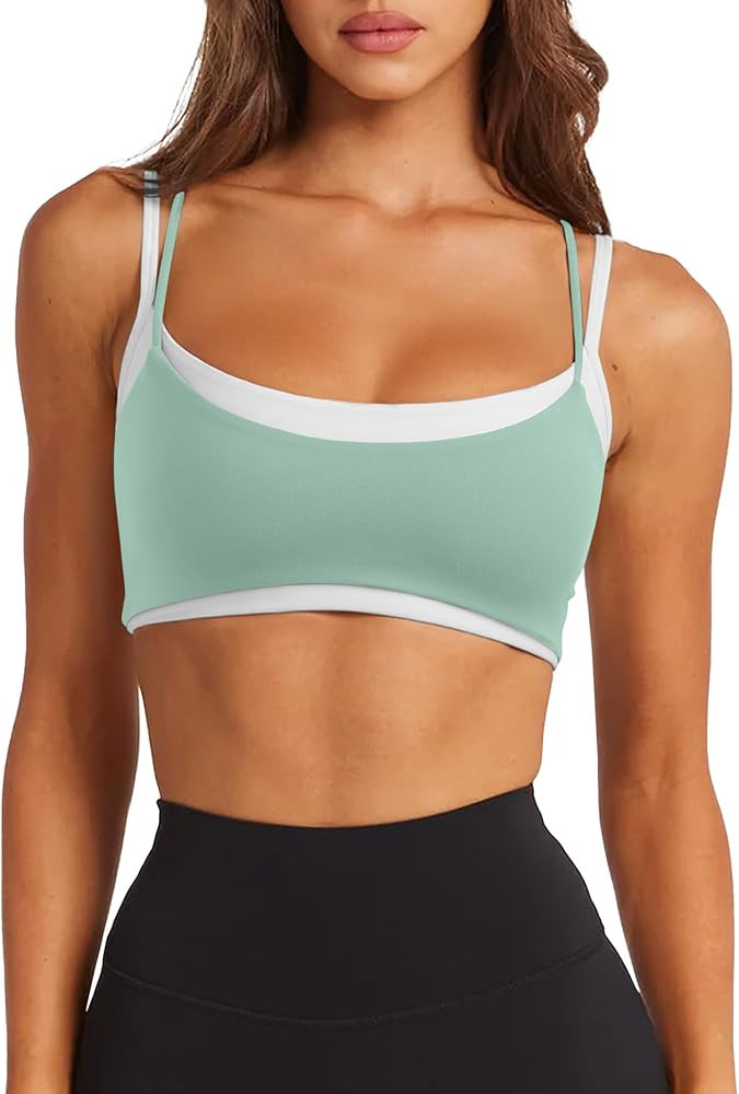 LASLULU Womens Double Layered Sports Bra Adjustable Spaghetti Straps Sexy Scoop Neck Wireless Pad... | Amazon (US)