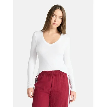 No Boundaries V-Neck Ribbed Top with Long Sleeves Women’s | Walmart (US)
