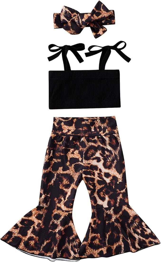 MoZiKQin Baby Girl Leopard Bell Bottoms Outfits Ribbed Strap Crop Tank Top & Leopard Flare Pants ... | Amazon (US)