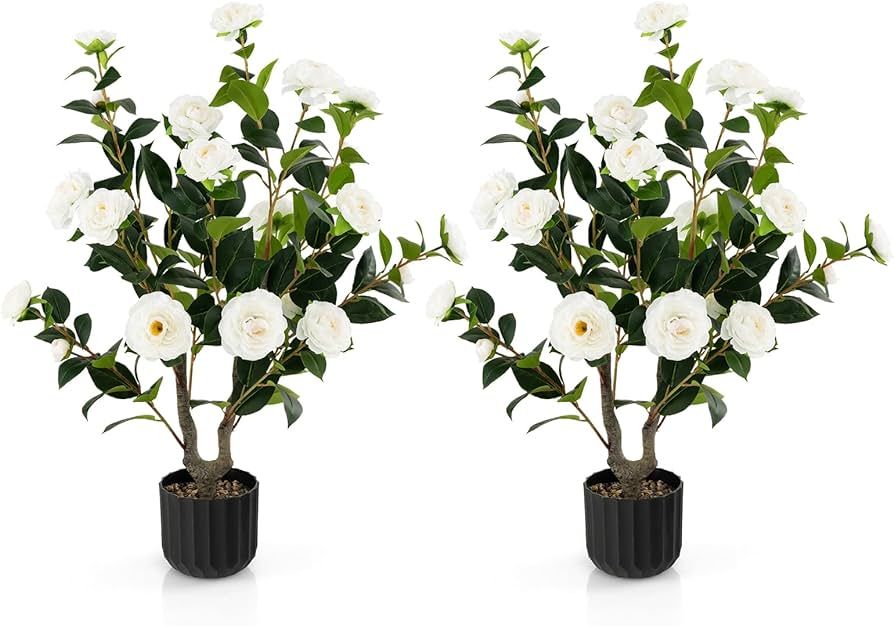 Fake Camellia Plant Set of 2, 38” Tall Potted Plants Artificial Decoration w/Cement Pot, 24 Flo... | Amazon (US)