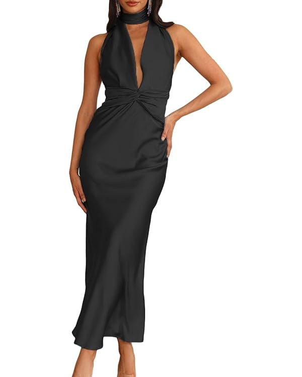 Summer Sexy Satin Backless Halter Maxi Dress for Women Elegant Sleeveless V Neck Twist Wedding Gu... | Amazon (US)