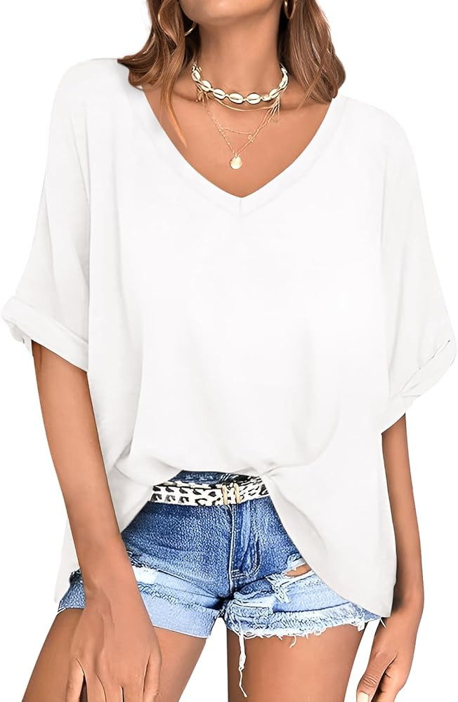 UEU Womens Oversized T-Shirts Summer V Neck Casual Shirts Short Sleeve Workout Tunic Tops | Amazon (US)