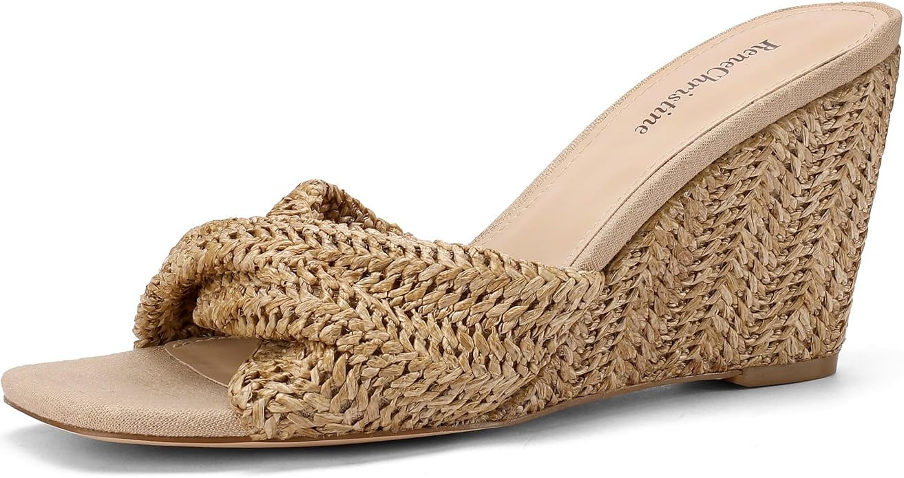 Women's Wedges Heeled Slippers Fabric Heels Slip on Comfy Evening Dress Woven Sandals Square Toe ... | Amazon (US)