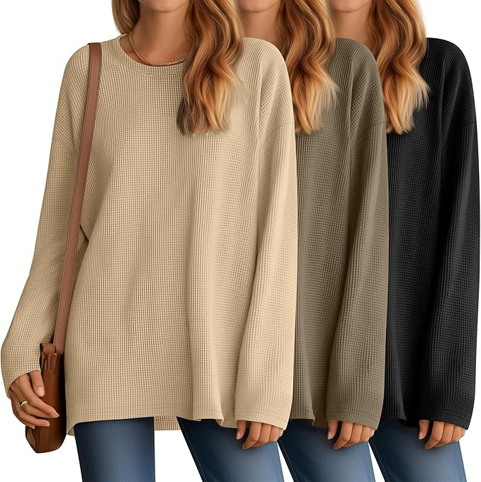 3 Pack Women Waffle Knit Oversized Long Sleeve Shirts Drop Shoulder Tops Crewneck Pullover Casual... | Amazon (US)