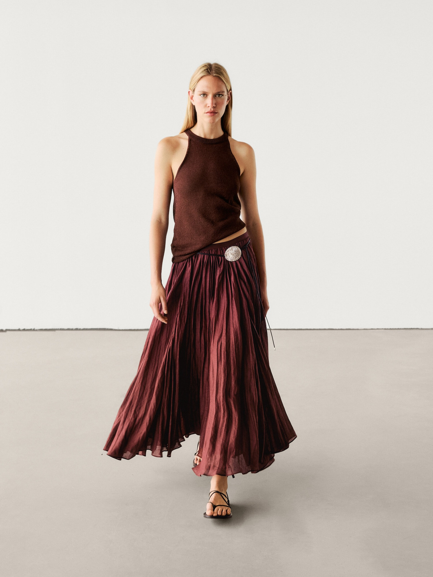 Pleated ramie midi skirt | Massimo Dutti US
