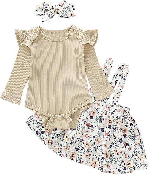 Kids Toddler Baby Girls Fall Skirt Set Outfit Floral Ruffle Sleeve Romper Bodysuit+Strap Skirt 3P... | Amazon (US)