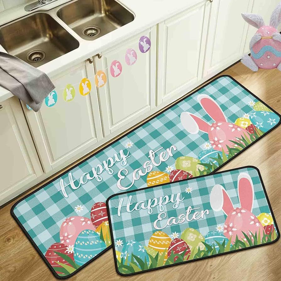 Noulmea Happy Easter Bunny Decorative Kitchen Rugs Set of 2, Rabbit Easter Eggs Kitchen Mat Sprin... | Amazon (US)