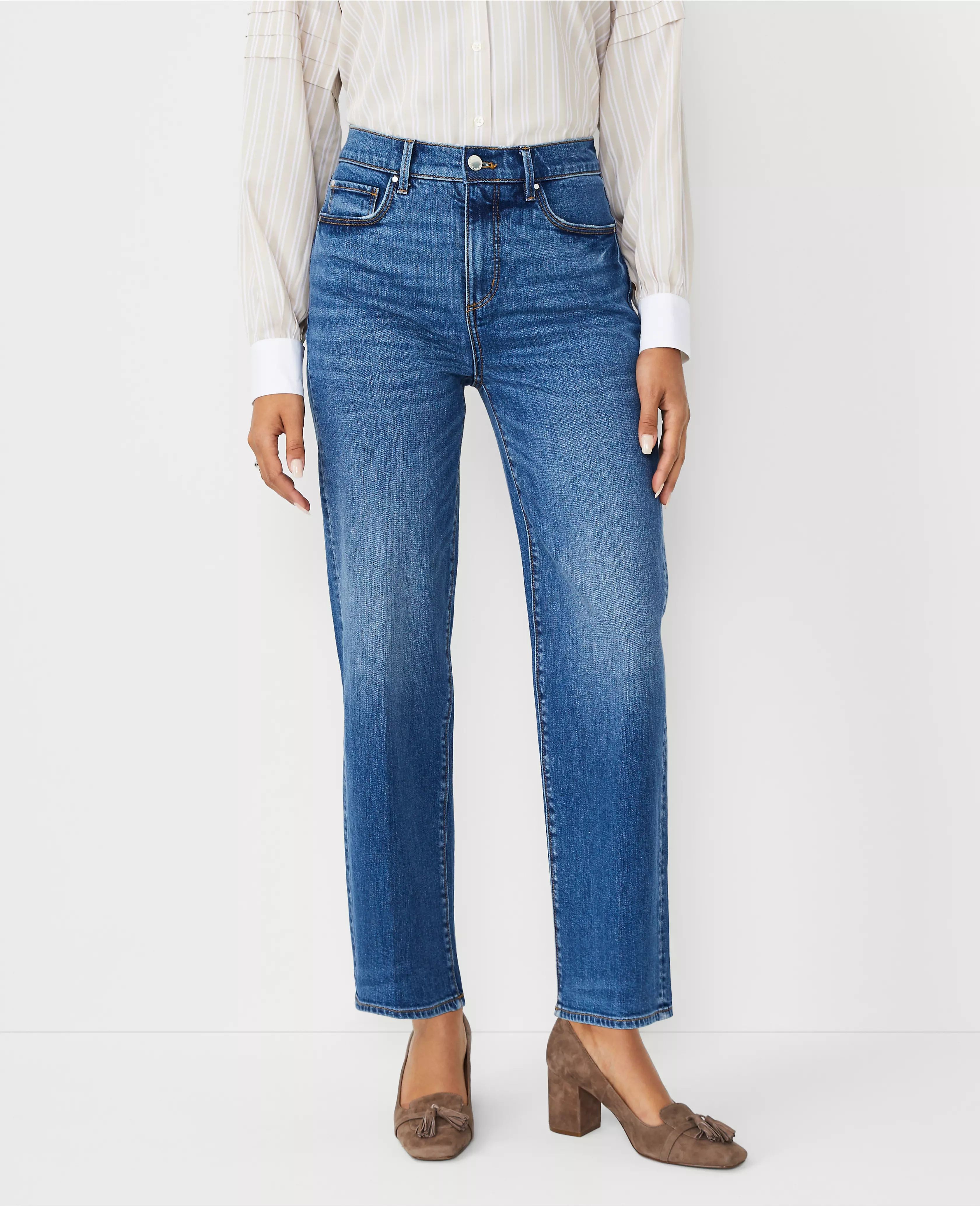 Petite Curvy Sculpting Pocket High Rise Straight Jeans in Vintage Dark Indigo Wash | Ann Taylor (US)