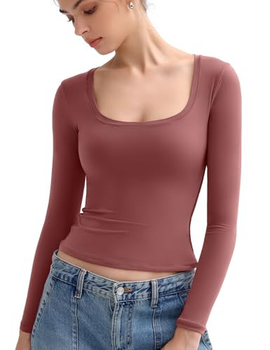 PUMIEY Long Sleeve Shirts for Women Scoop Neck Slim Fit Tops Double Lined Going Out Tops, Marsala X-Small | Amazon (US)