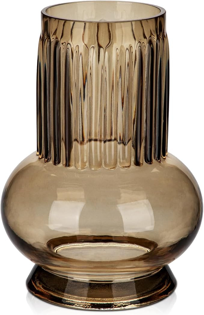Brown Large Glass Vase for Flowers, 7" H x 3.5"/4.7" W Ribbed Vase Modern Wide Mouth Vase Flower ... | Amazon (US)