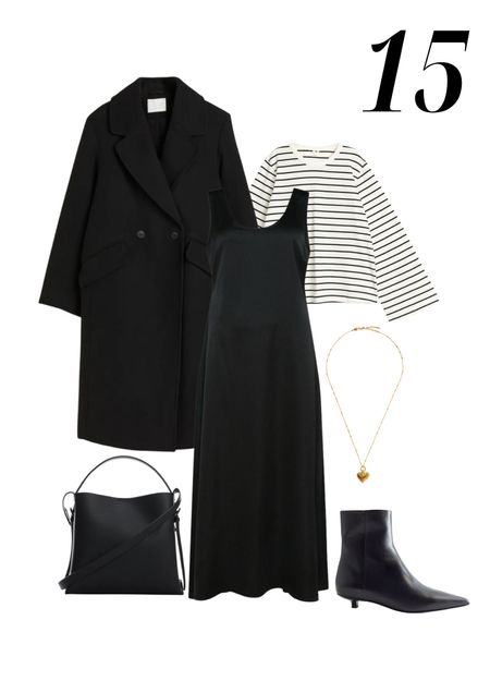Black satin midi dress, long sleeve striped top, black wool coat, black shopper bag, gold heart necklace, black ankle boots

#LTKstyletip