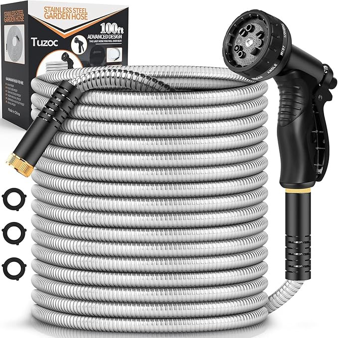 Garden Hose Metal 100FT, Stainless Steel Heavy Duty Water Hose With 10 Function Nozzle, No-Kink, ... | Amazon (US)