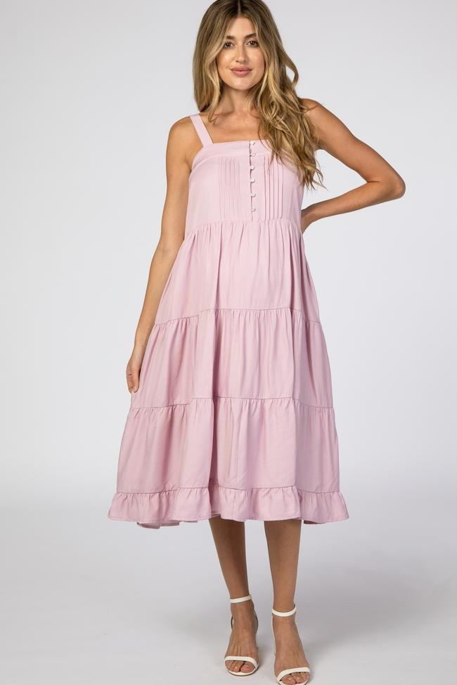 Mauve Button Front Tiered Maternity Midi Dress | PinkBlush Maternity