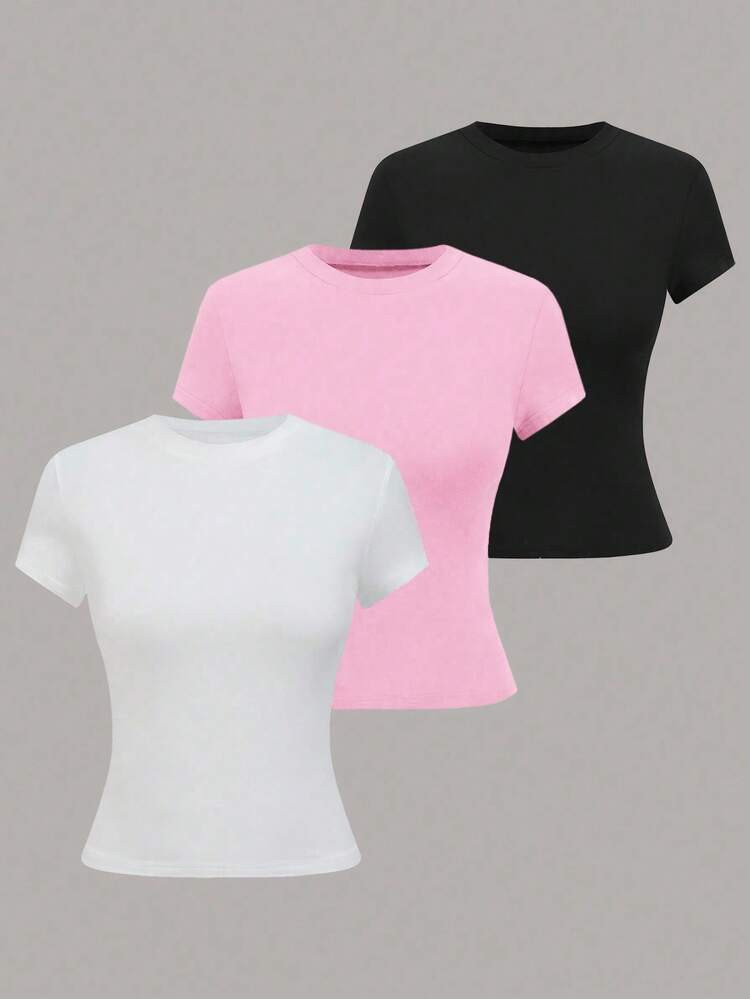SHEIN Girlism 3pcs Tween Girls' Slim Fit Casual Comfortable Crew Neck Long Sleeve T-Shirt Set 3 Pack Tops Fitted Tops Girls T Shirt Pack Basic Tops | SHEIN