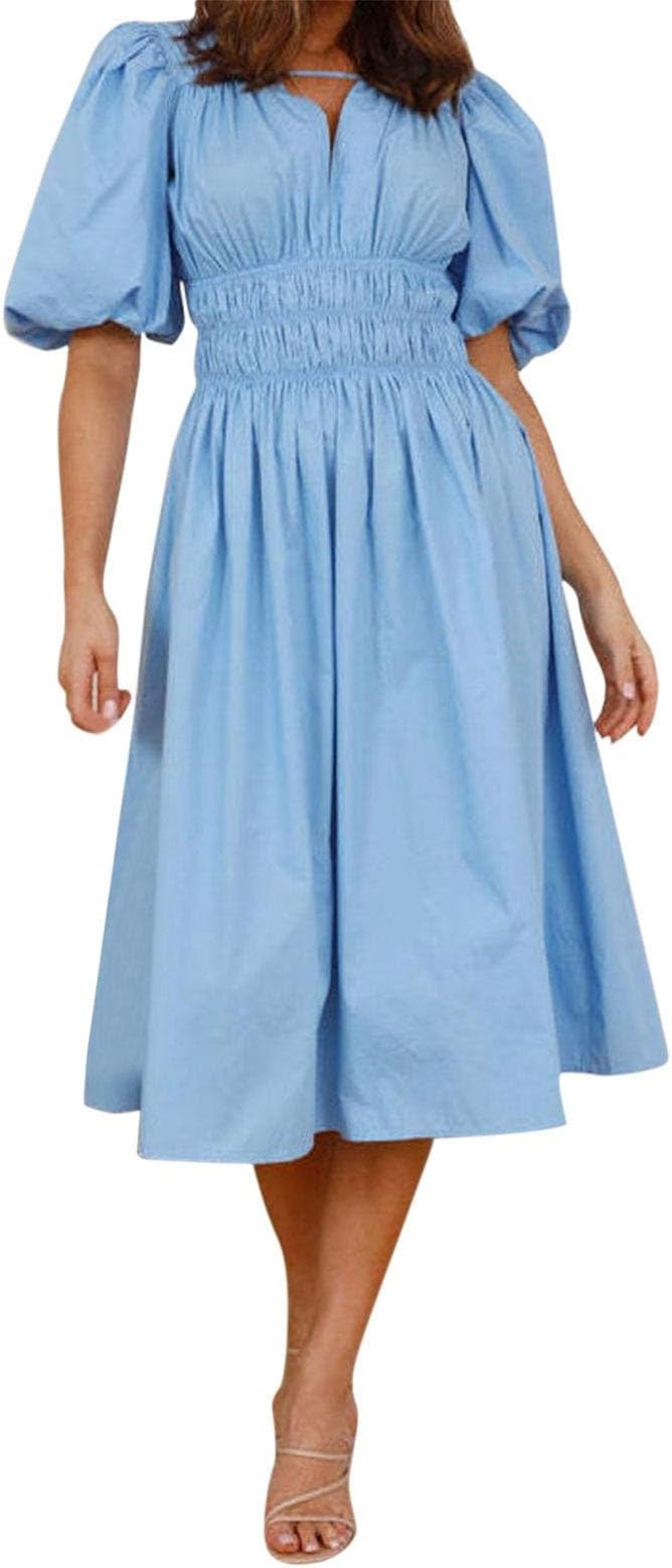 Women's V Neck Waist Style High Waisted Solid Color Bubble Sleeve Dress Linen Midi Dress | Amazon (US)