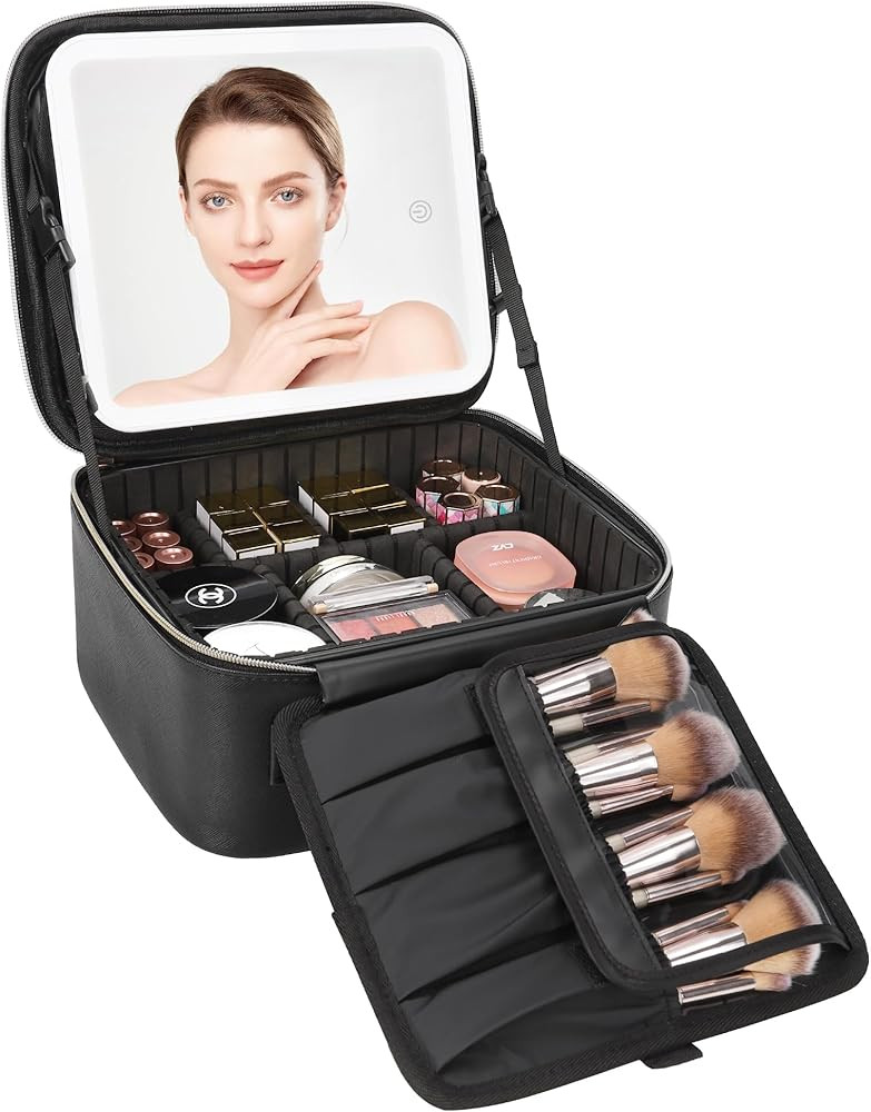 Relavel Travel Makeup Bag With LED Mirror, Cosmetic Train Case with Light up Mirror, Portable Mak... | Amazon (US)
