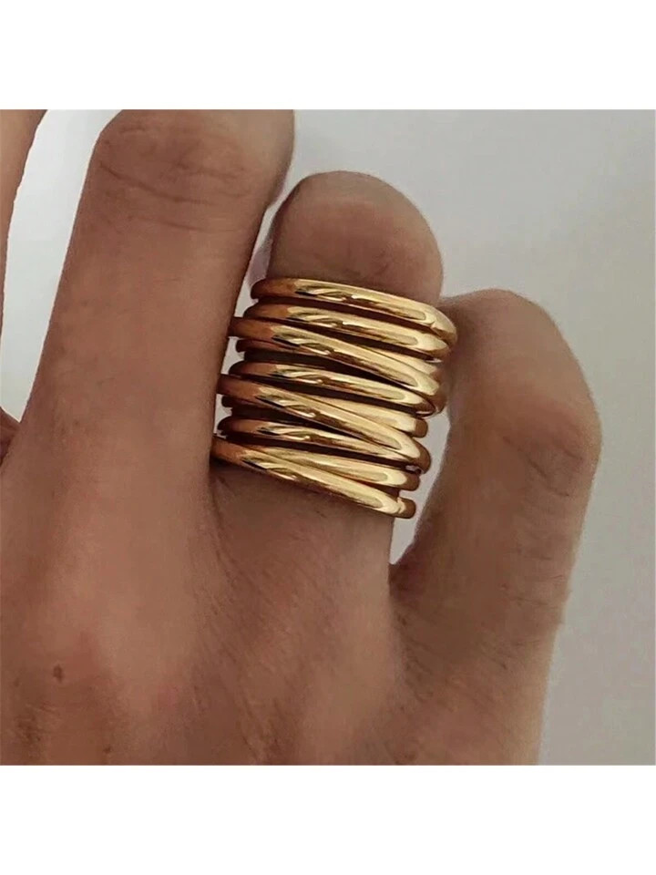 VKHK 1pc Punk Style 18K Gold Plated Stainless Steel Spiral Wrapped Multi-Layer Single Ring Suitable For Daily Wear, Wedding And Gifts For Couples, Men And Women | SHEIN