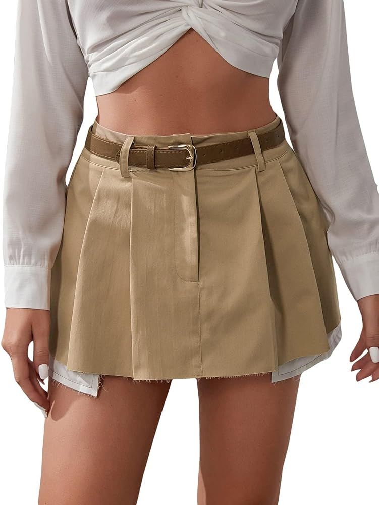 Women's Cargo High Waist Pleated Frayed Belted Solid Casual Mini Skirt Khaki S | Amazon (US)