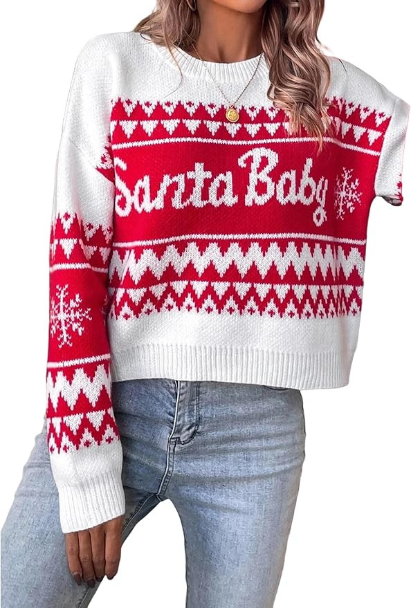 ZAFUL Women's Christmas Snowflake Diamond Long Sleeve Crew Neck Pullover Knitted Sweater | Amazon (US)