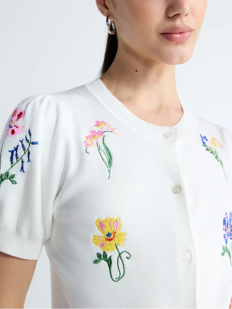 Free Assembly Women's and Women's Plus Embroidered Cardigan Sweater with Puff Sleeves, Lightweigh... | Walmart (US)