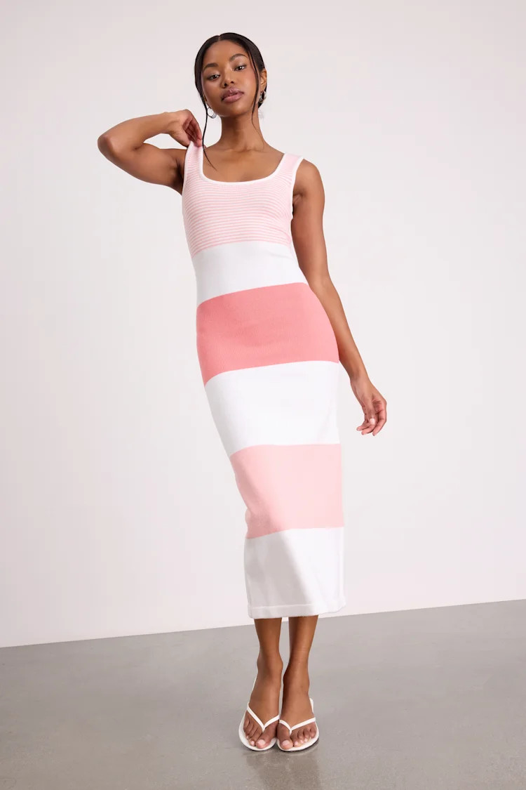Easily Gorgeous Ivory and Pink Striped Midi Sweater Dress | Lulus