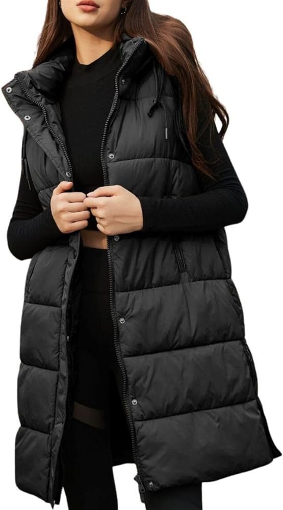 PUWEI Long Puffer Vest Women Quilted Hooded Vest Padded Sleeveless Coat Jackets With Pockets | Amazon (US)