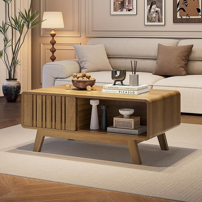 Coffee Table, Mid Century Modern Table with Storage Compartment, Fluted Table with Sliding Cabine... | Amazon (US)