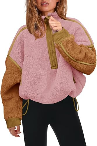Panadila Womens Half Zip Fleece Pullover Sherpa Jacket Fuzzy Sweater Cozy Sweatshirt with Pockets Winter (Light Purple Brown Combo,XL) | Amazon (US)