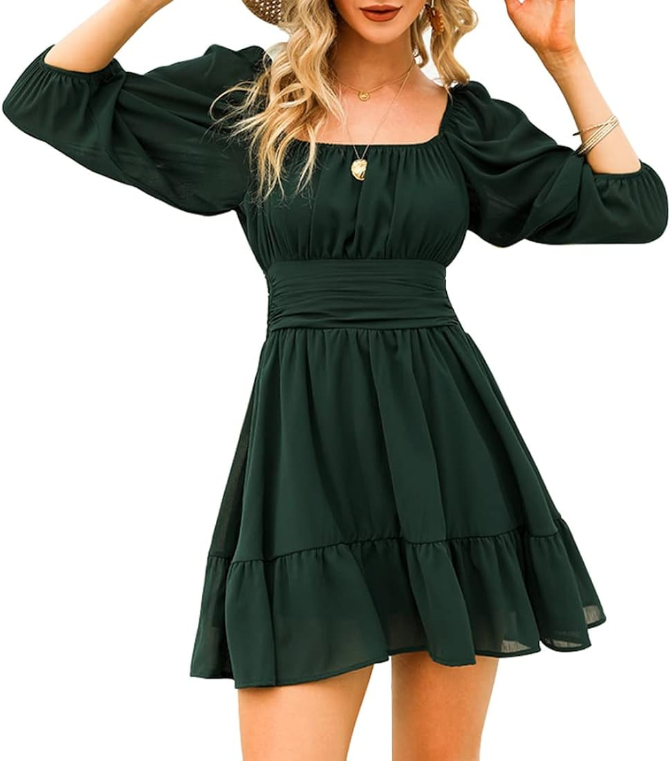 EXLURA Women's Lantern Sleeve Tie Back Summer Dress Ruffled Off Shoulder A-Line Vintage Mini Dres... | Amazon (US)