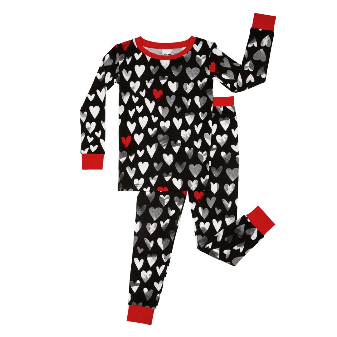 Monochrome Hearts Two-Piece Bamboo Viscose Pajama Set | Little Sleepies