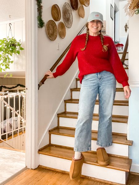 Casual mom vibes. 90s mom vibe. 90s outfit style. 90s mom style. Wide leg cropped jeans. Ugg Tasman slippers outfit. Casual outfit style.

#LTKfindsunder50 #LTKstyletip #LTKSeasonal