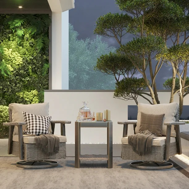 MeetLeisure Outdoor Wicker Swivel Rocker Chairs Sets of 2 and Side Table, Beige | Walmart (US)