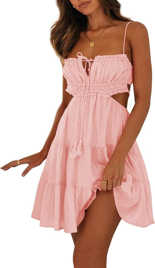 Wenrine Womens Summer Beach Mini Dress Adjustable Spaghetti Straps Sexy Backless Tiered Sleeveles... | Amazon (US)