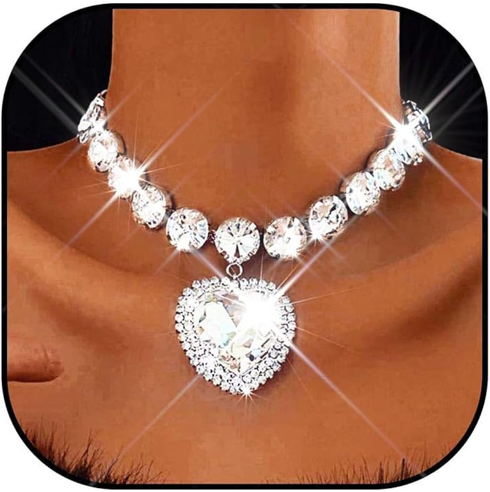 Zoestar Rhinestone Heart Choker Necklace Silver Bling Diamond Jewelry for Women | Amazon (US)