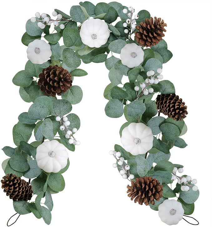 White Pumpkin Garland Artificial Eucalyptus Garland with White Pumpkins Pinecones Berries Fall Fo... | Amazon (US)