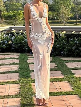 Sexy See Through Sheer Lace Maxi Dress Patchwork Backless Bodycon Long Dresses Beach Vacation Par... | Amazon (US)