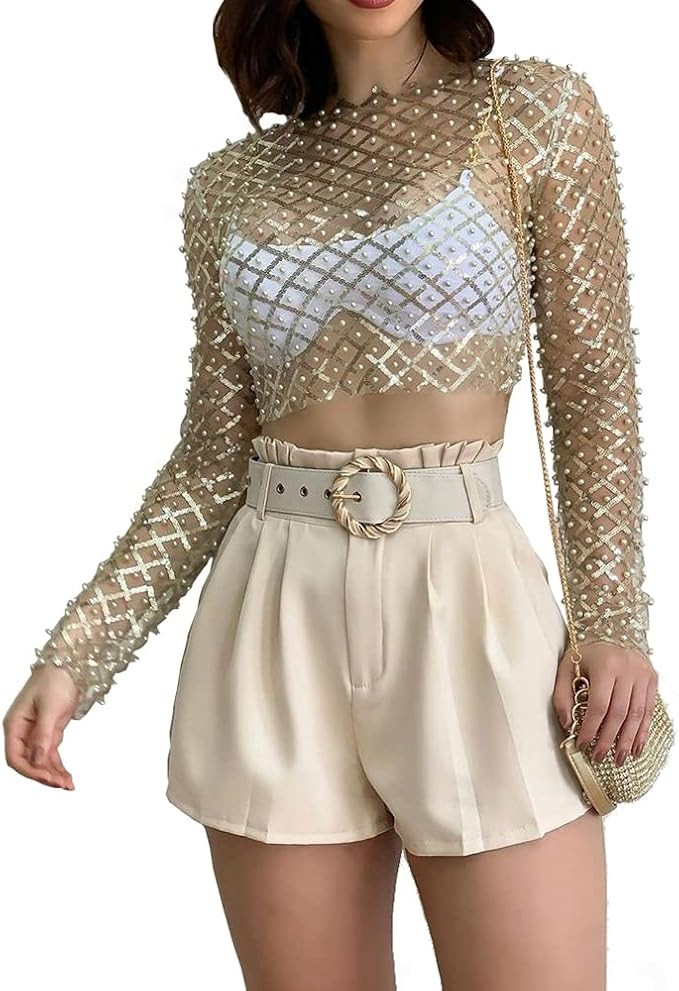 See Through Pearl Sheer Mesh Top Long Sleeve Beaded Crop Top Pearl Cover Up | Amazon (US)