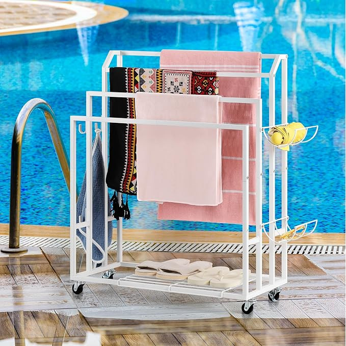 OYEAL Freestanding Towel Rack with Wheels White Blanket Ladder Holder with Shelf & 6 Hooks, Pool ... | Amazon (US)