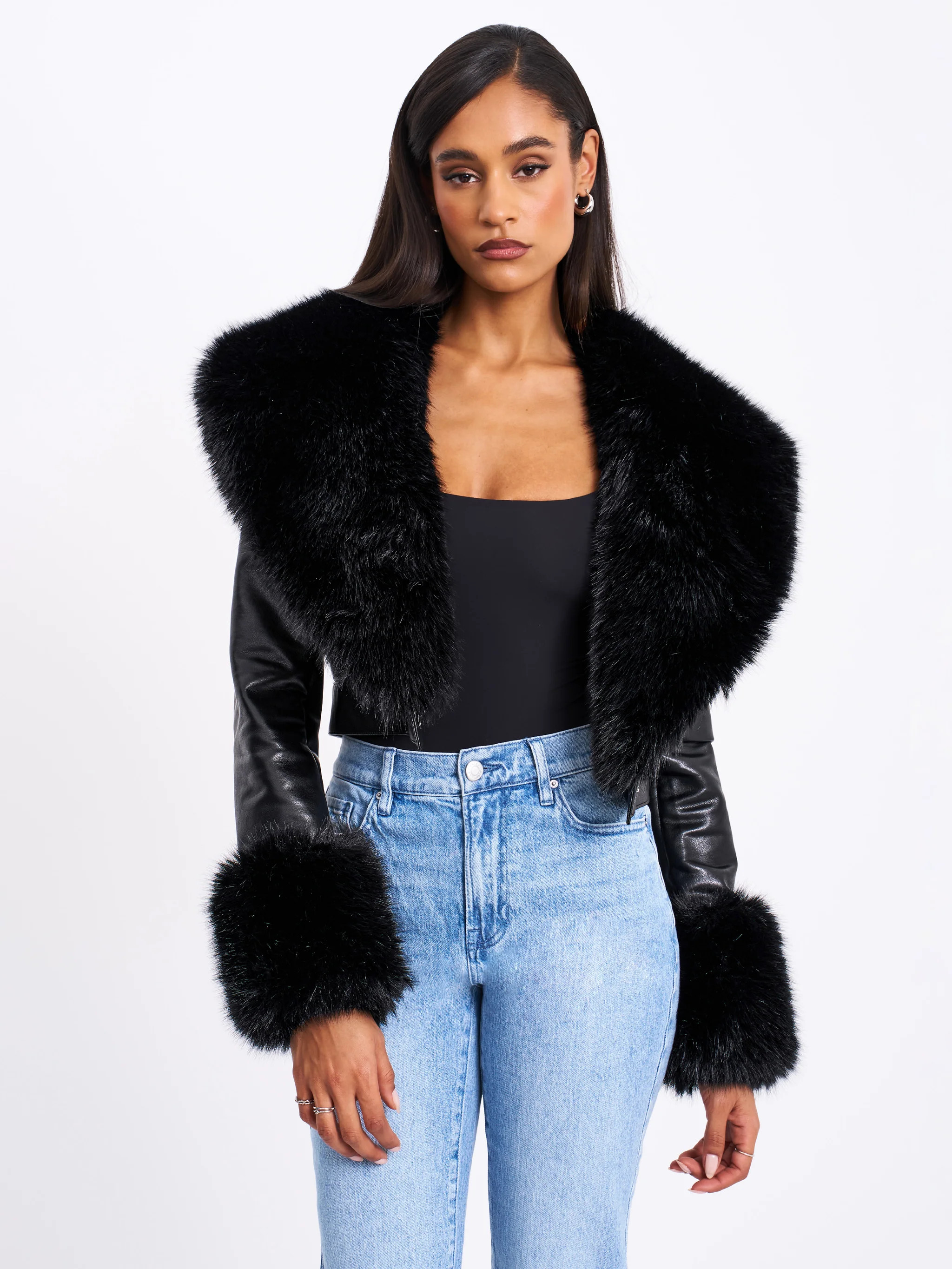 Ziah Cropped Leather Jacket with Fur Collar | Miss Circle
