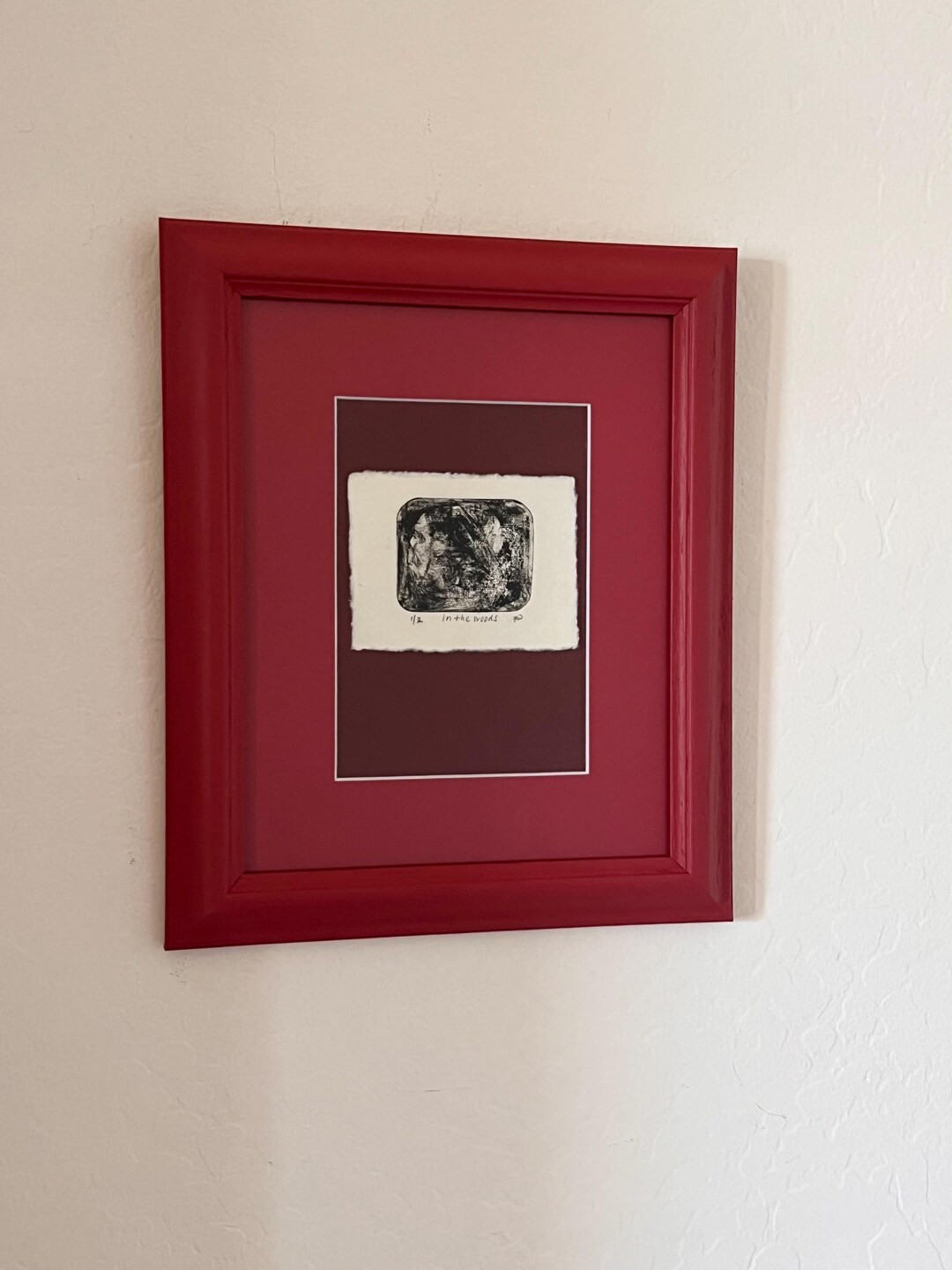 Vintage Red Wood Frame Abstract Fine Line Dry Point 'in the Woods' Artwork Monochromatic Burgundy... | Etsy (US)