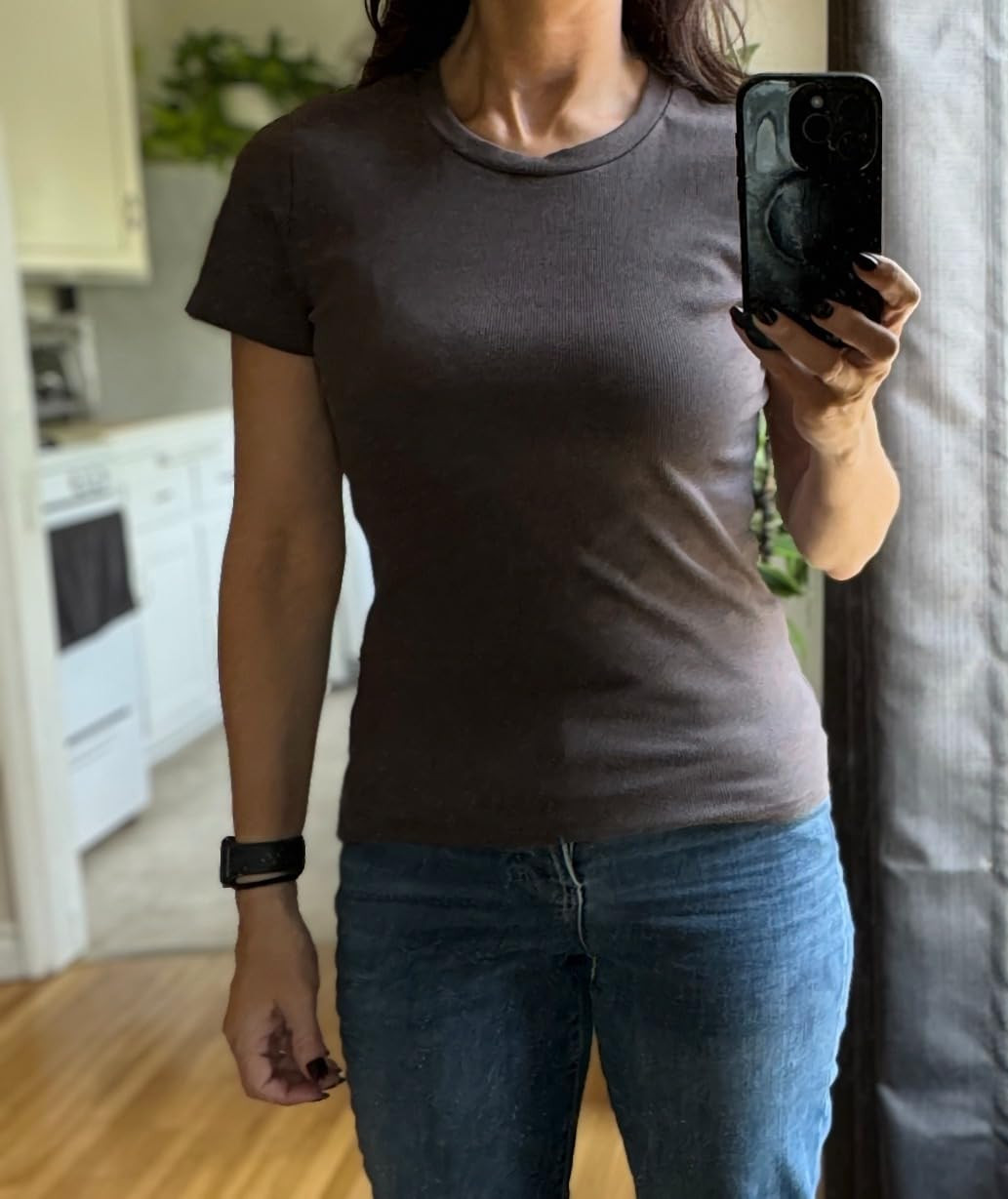 Roselux Women Crew Neck Ribbed Fitted Tight Tshirt Short Sleeve Shirt Basic Knit Top | Amazon (US)