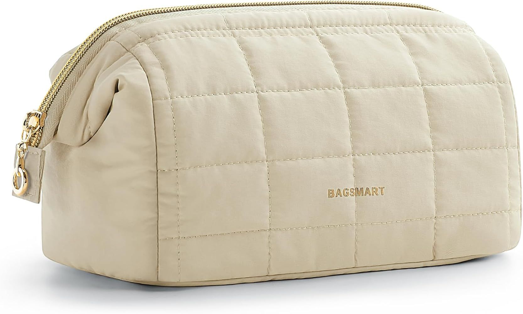 BAGSMART Makeup Bag Cosmetic Bag Wide Open, Beige, M, Wide-open Travel Makeup Bag With Puffy Padd... | Amazon (US)