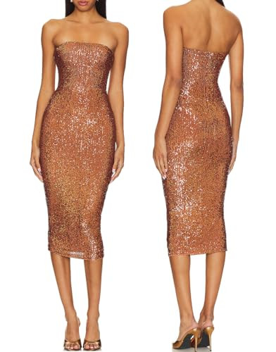 Capuffy Women Strapless Sequin Fantasy Midi Dress Sleeveless Tube Bodycon Club Dress Sparkly Glitter Cocktail Party Dress 77(Camel,M) | Amazon (US)