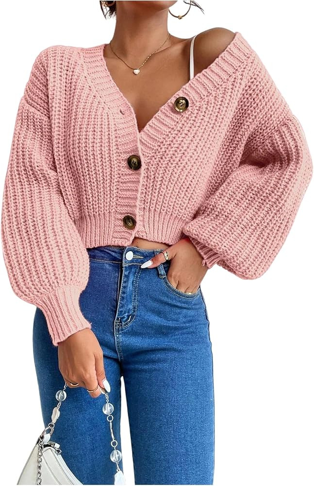 GORGLITTER Women's Cropped Cardigan Sweaters Light Weight Button Up Chunky Knit Long Sleeve Trend... | Amazon (US)