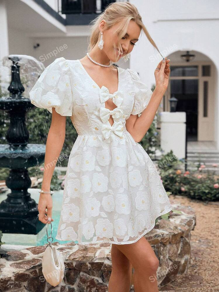 Simplee Women Short Hollow Out Bow Knot Dress | SHEIN